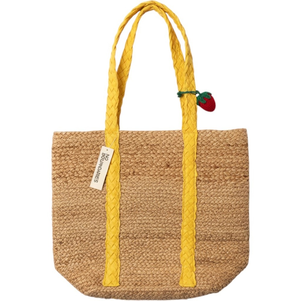 No Boundaries Jute Tote Bag Women OS Tan Yellow New Strawberry Charm